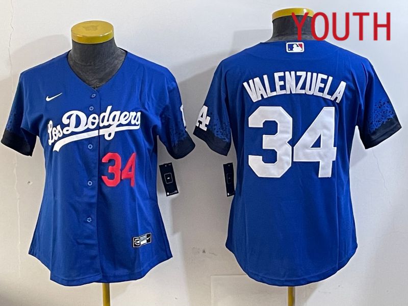 Youth  Los Angeles Dodgers #34 Valenzuela 2024 blue jersey 2024112007
